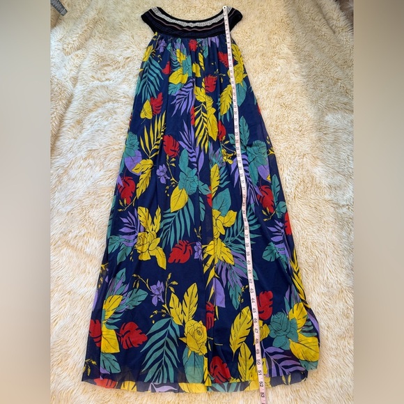 FUZZI Floral Tulle Off the Shoulder Maxi Dress Tropical Long Blue Yellow L - Picture 11 of 12
